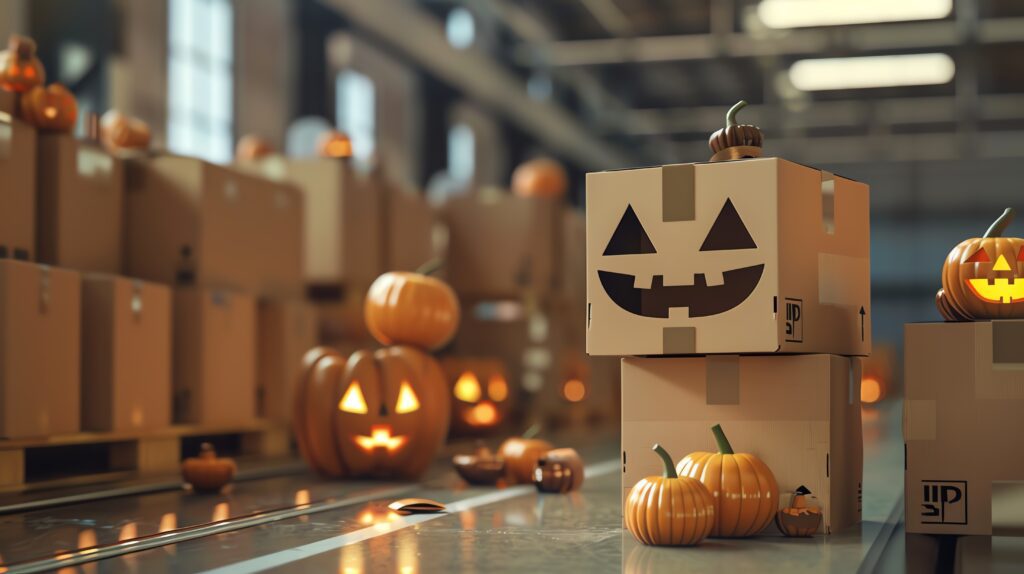 pumpkins and a pumpkin head on a warehouse package