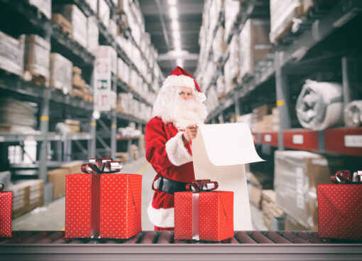 Santa Claus in a warehouse