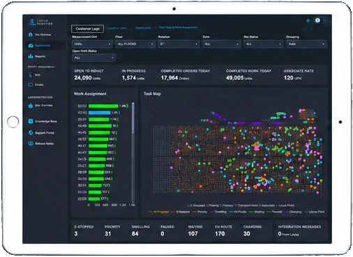 LocusHub Task Map and Work Assignment dashboard on a tablet