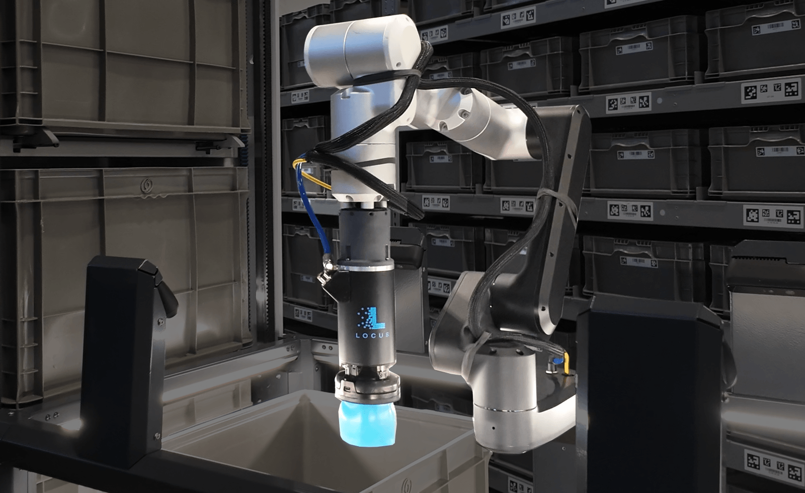 Close-up of NeuraGrasp™, a patented Locus Robotics end effector for autonomous warehouse fulfillment.