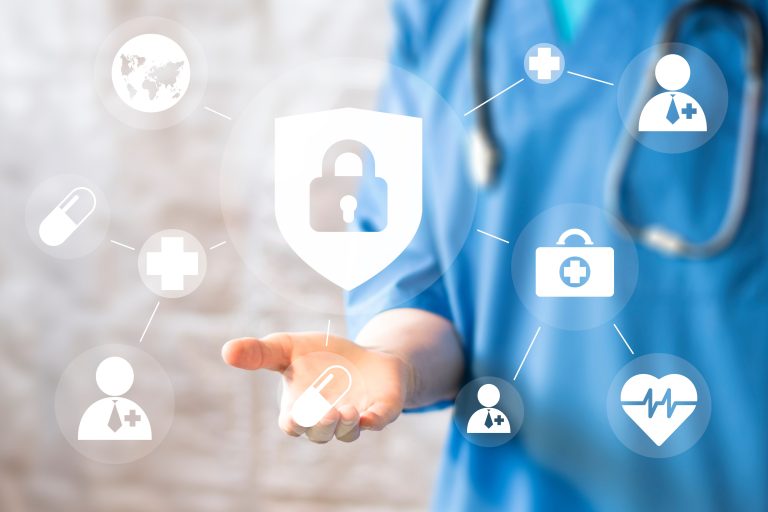 Healthcare worker in scrubs with a digital padlock shield icon linked to medical and security symbols