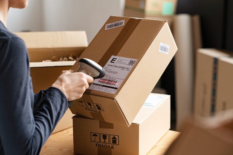 Worker scanning a shipping label on a cardboard parcel with a handheld barcode scanner