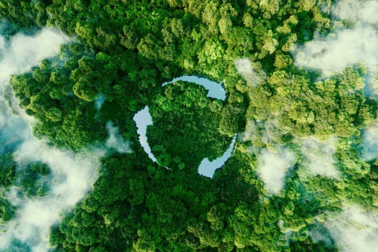 Aerial view of dense green forest with a lake shaped like a recycling symbol