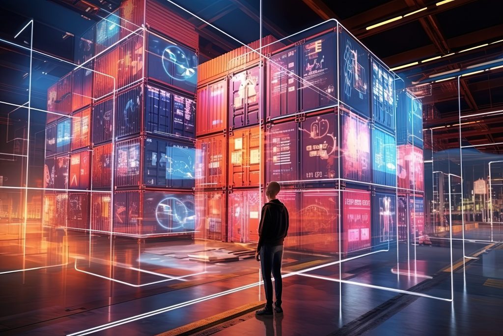Person standing before stacked shipping containers covered in glowing holographic data displays