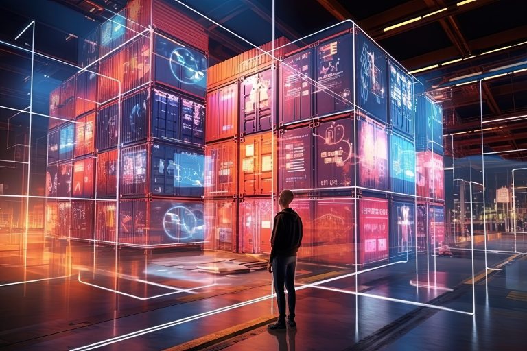 Person standing before stacked shipping containers covered in glowing holographic data displays