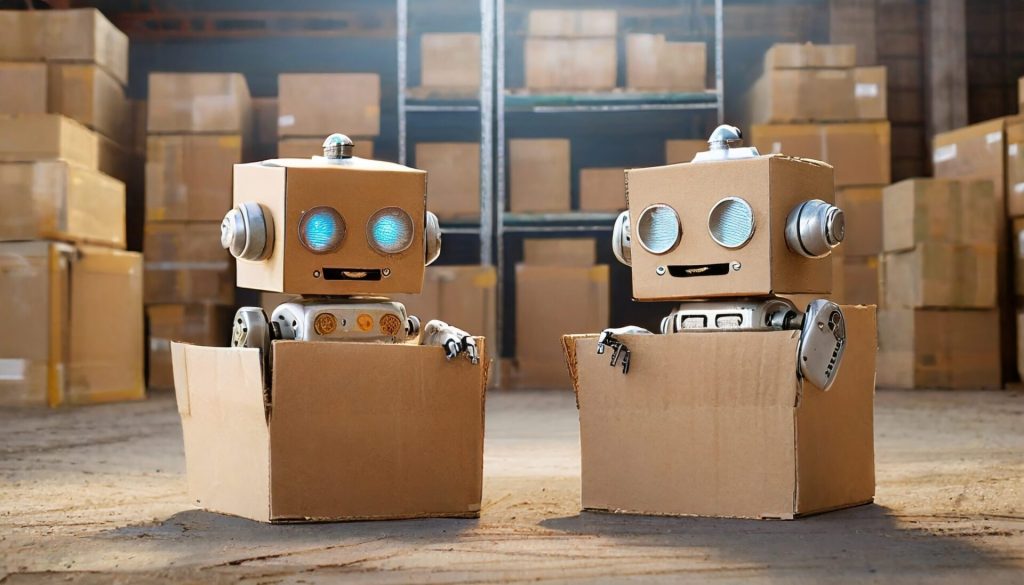 Two toy robots built from cardboard boxes sitting in open boxes in a warehouse