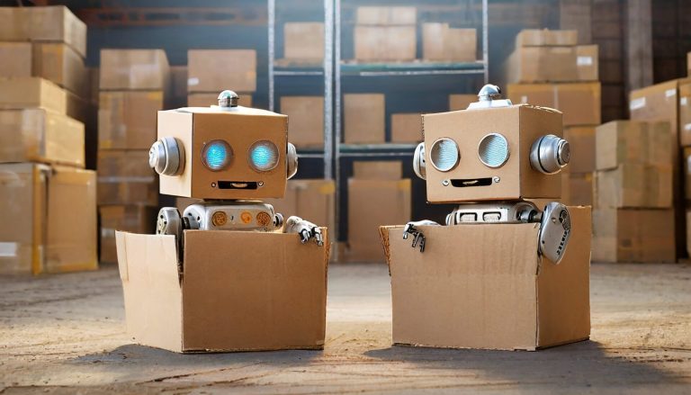 Two toy robots built from cardboard boxes sitting in open boxes in a warehouse
