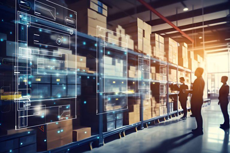 Warehouse aisle of stocked shelves with glowing digital interface overlays and silhouetted workers