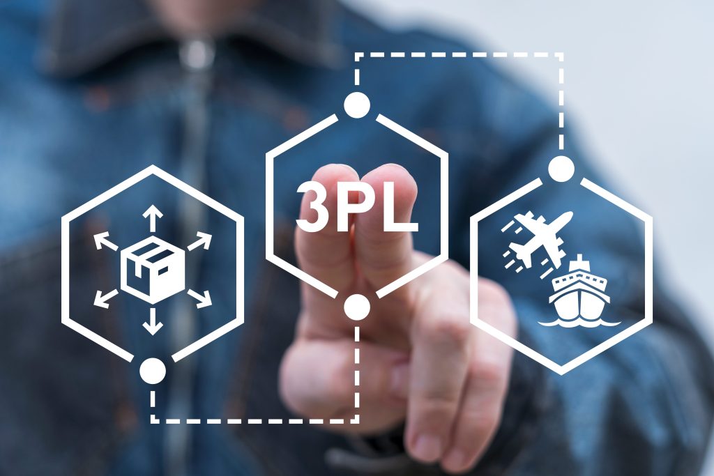 Hand touching a virtual 3PL icon linked to shipping, air freight and ocean freight symbols