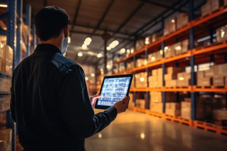 Warehouse worker viewing a glowing tablet display in an aisle of orange pallet racking