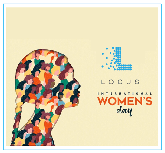 International Women's Day graphic with a silhouette of a head filled with illustrated faces and Locus logo