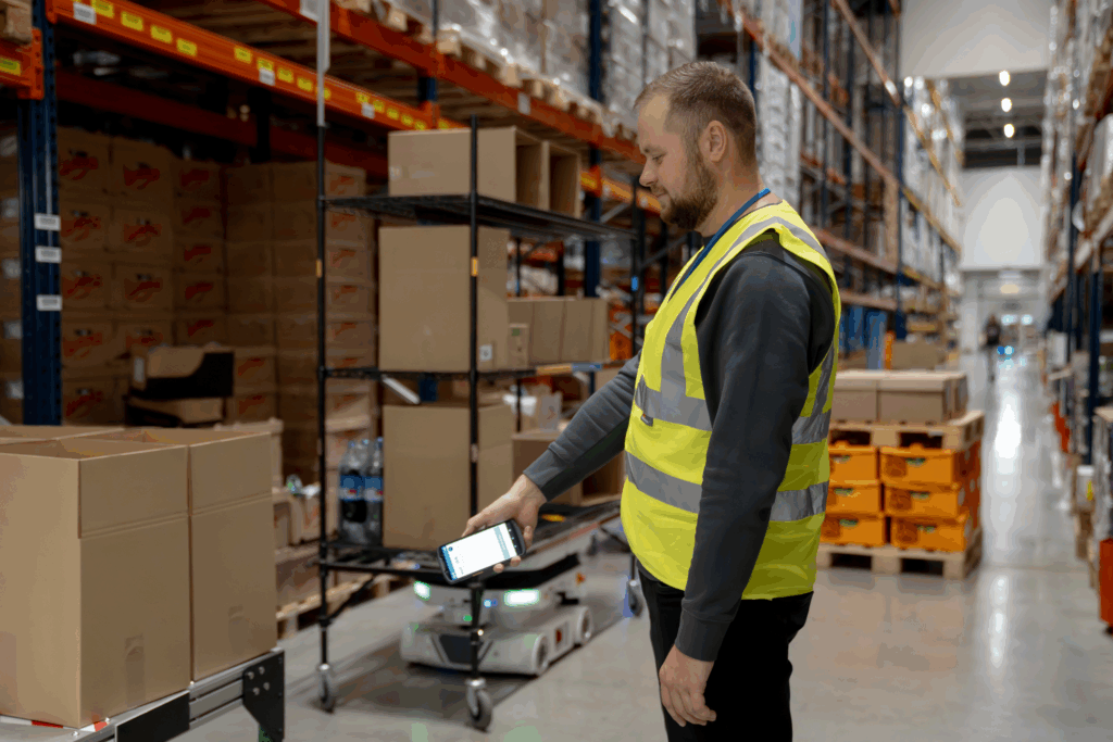Warehouse worker in a hi-vis vest scanning with a handheld mobile computer beside a Locus robot cart in an aisle