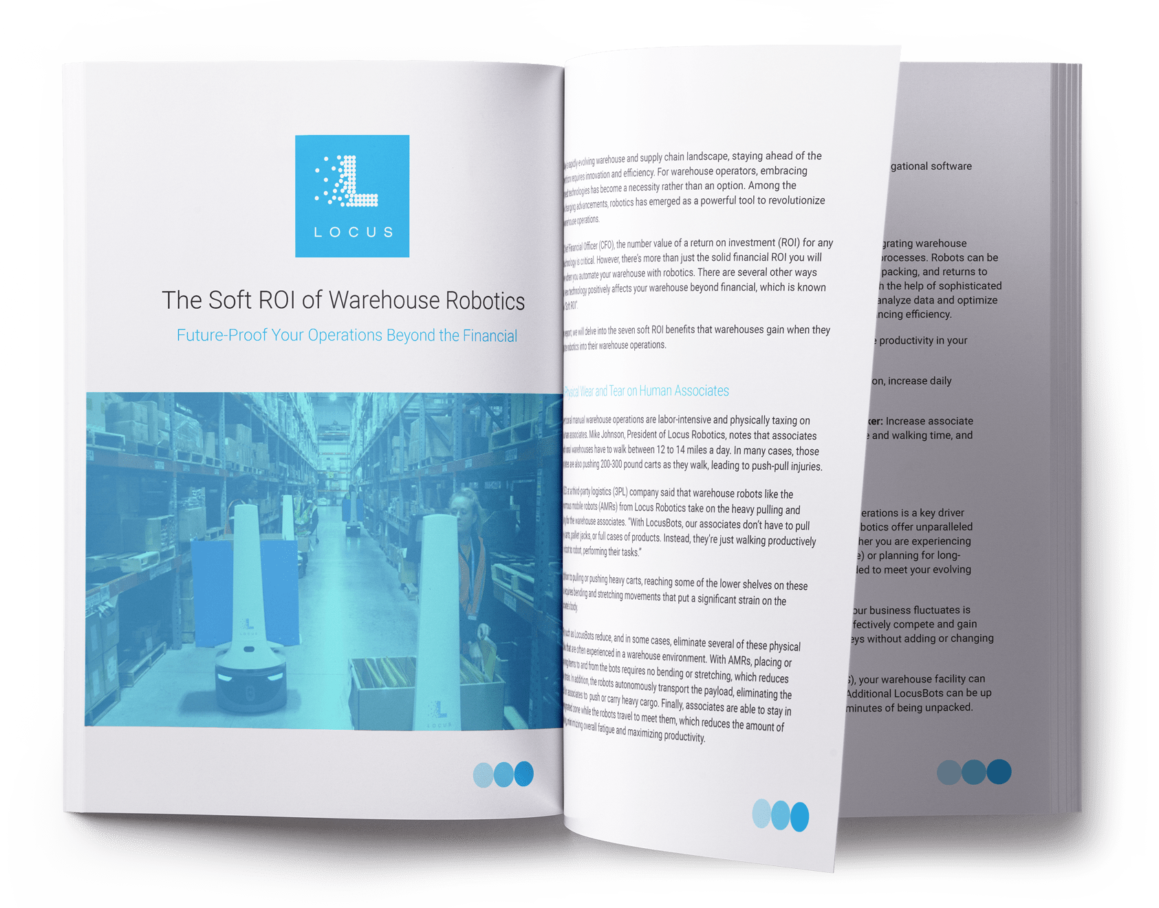 Open Locus Robotics guide titled The Soft ROI of Warehouse Robotics with a photo of LocusBots
