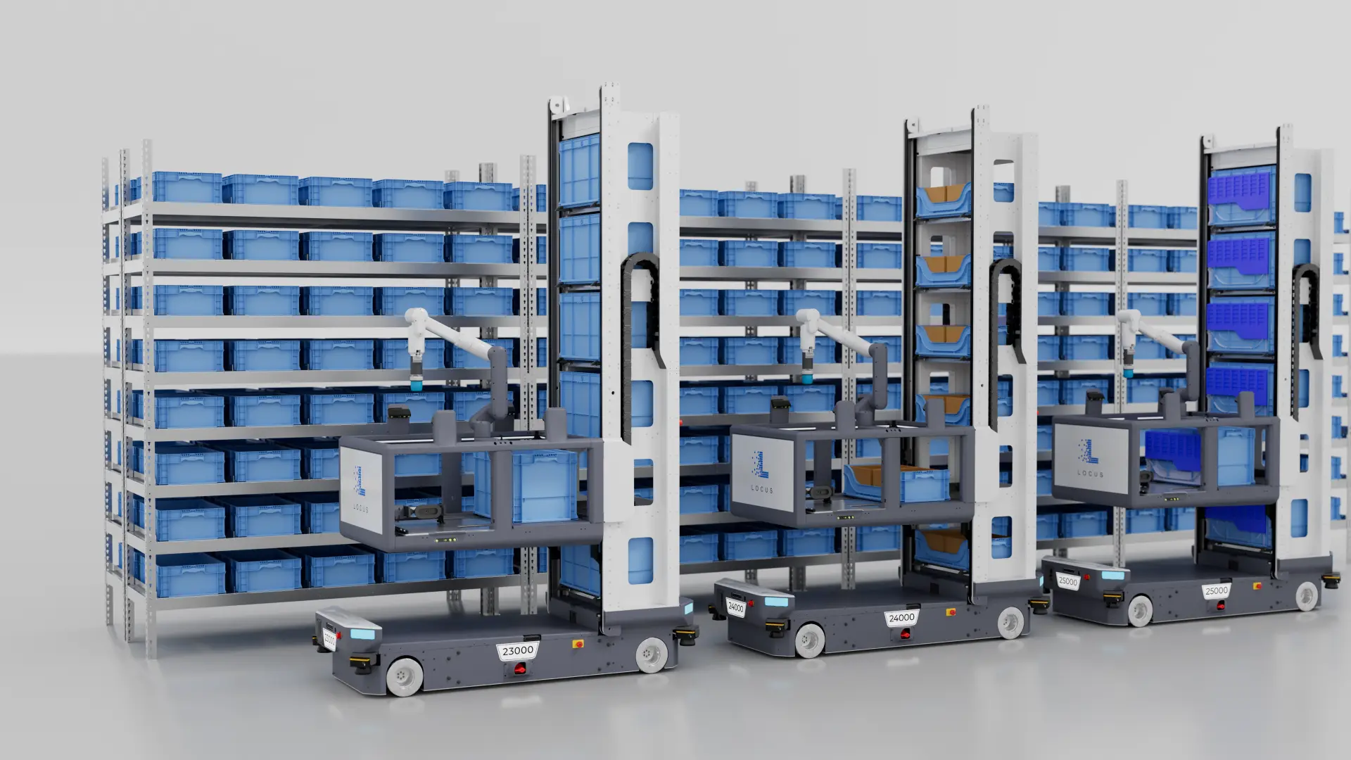 Locus Array tote positions configured with various totes and cartons