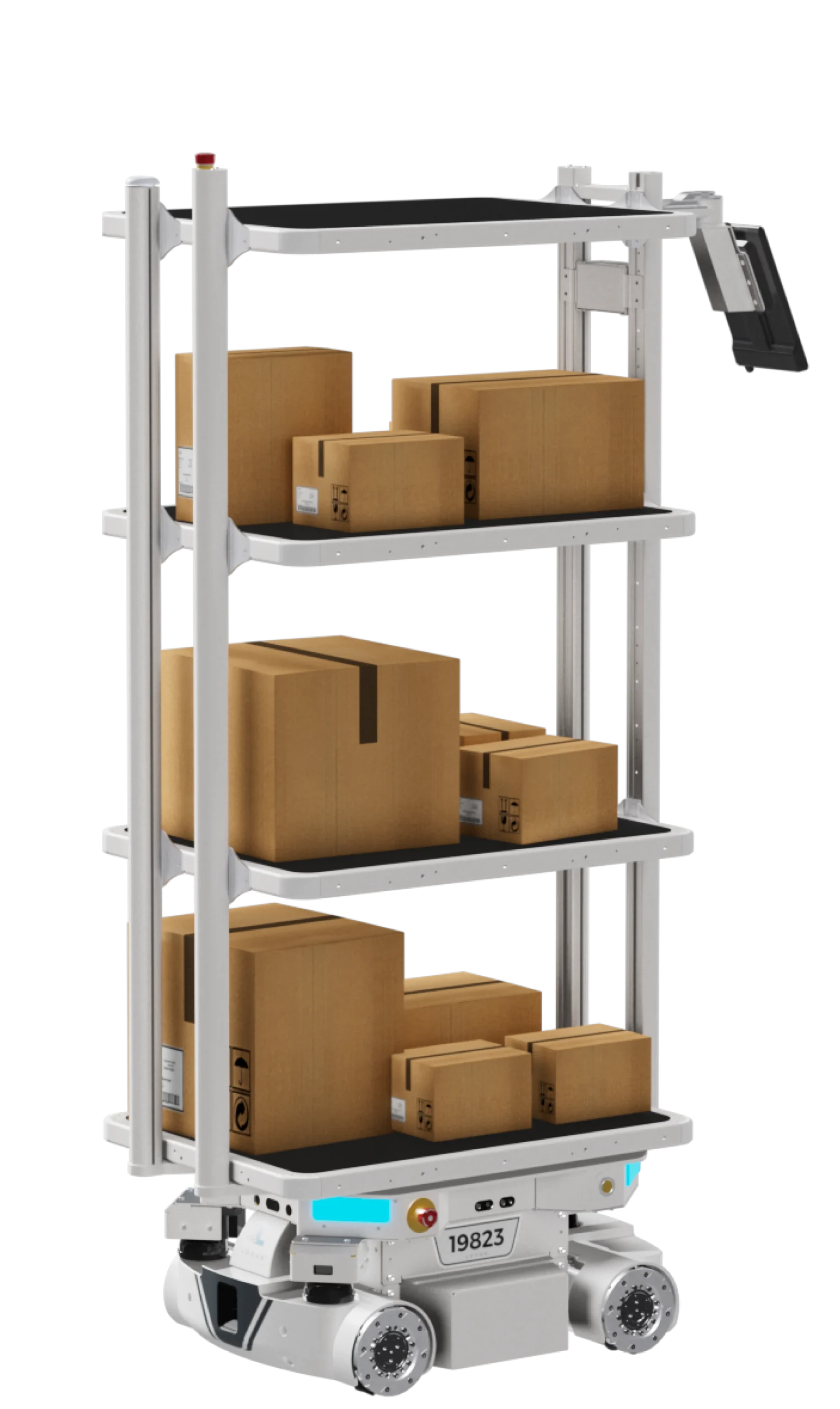 Locus Vector autonomous mobile robot transporting a tall multi-shelf cart