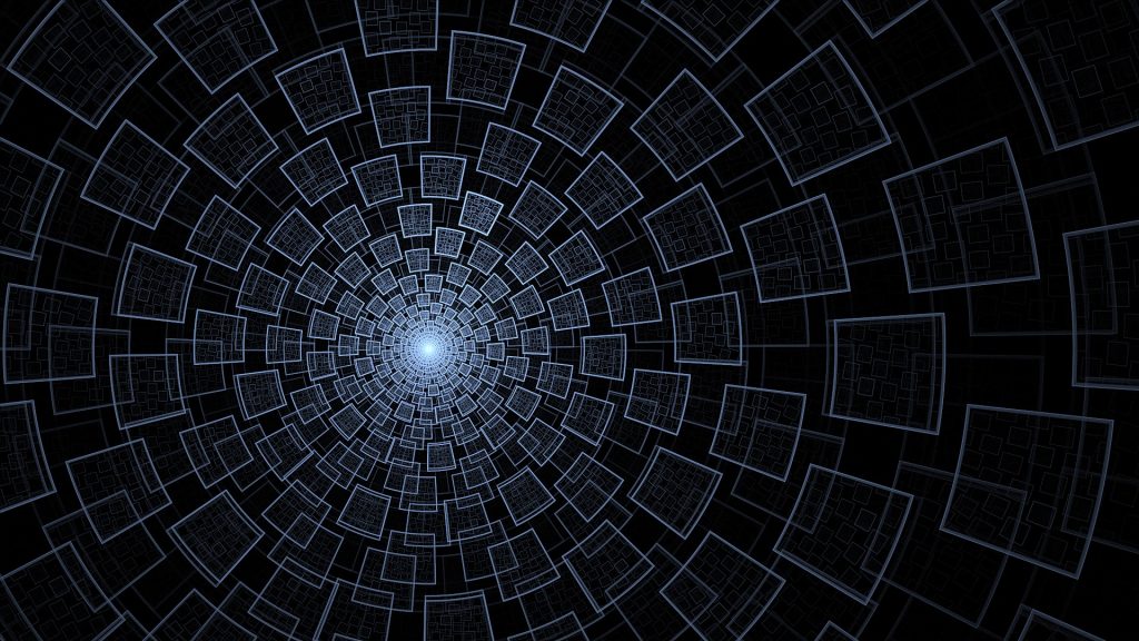 Abstract dark blue pattern of nested squares spiraling toward a bright center