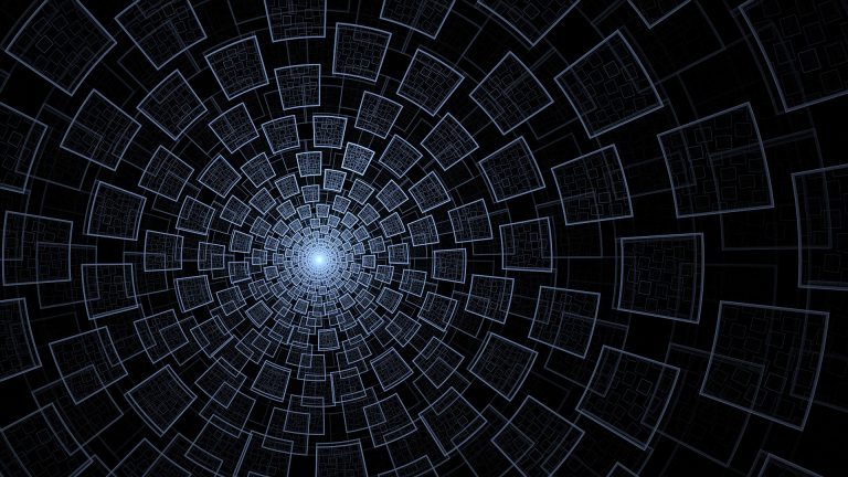 Abstract dark blue pattern of nested squares spiraling toward a bright center